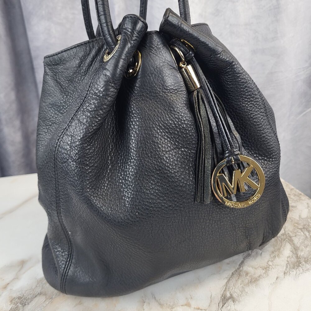 Michael Kors Double Strap Tassle Medalion Pebbled Black Leather Bag Large